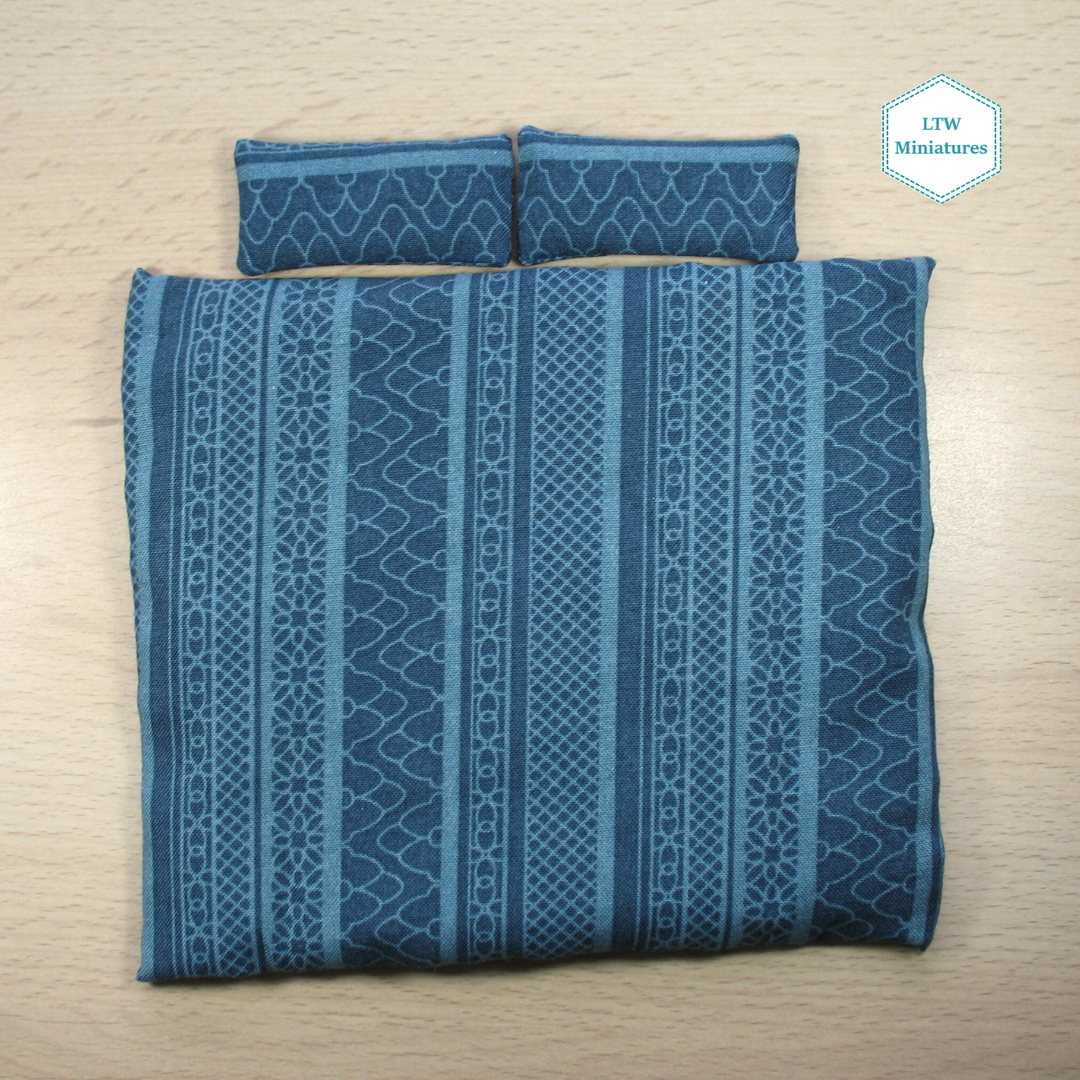 Blue Diamond Hexies Single Quilt and Pillows for 1:12 Dollhouse