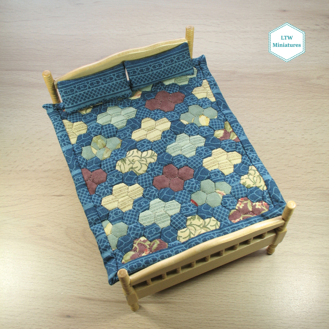 Blue Diamond Hexies Single Quilt and Pillows for 1:12 Dollhouse