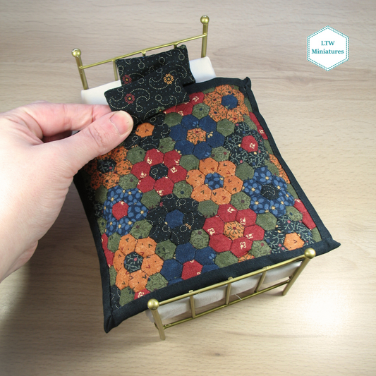 Dark Flower Hexies Single Quilt and Pillows for 1:12 Dollhouse
