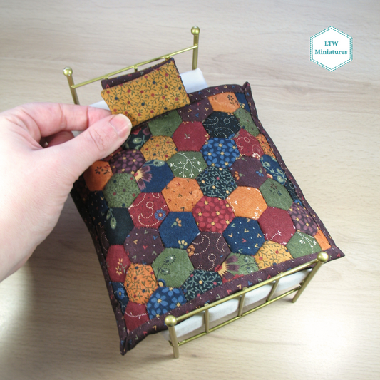 Scrappy Dark Hexies Single Quilt and Pillows for 1:12 Dollhouse