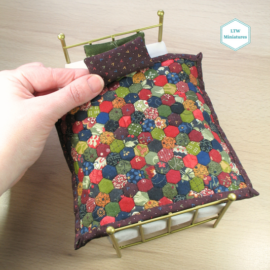 Dark Scrappy Hexies Single Quilt and Pillows for 1:12 Dollhouse