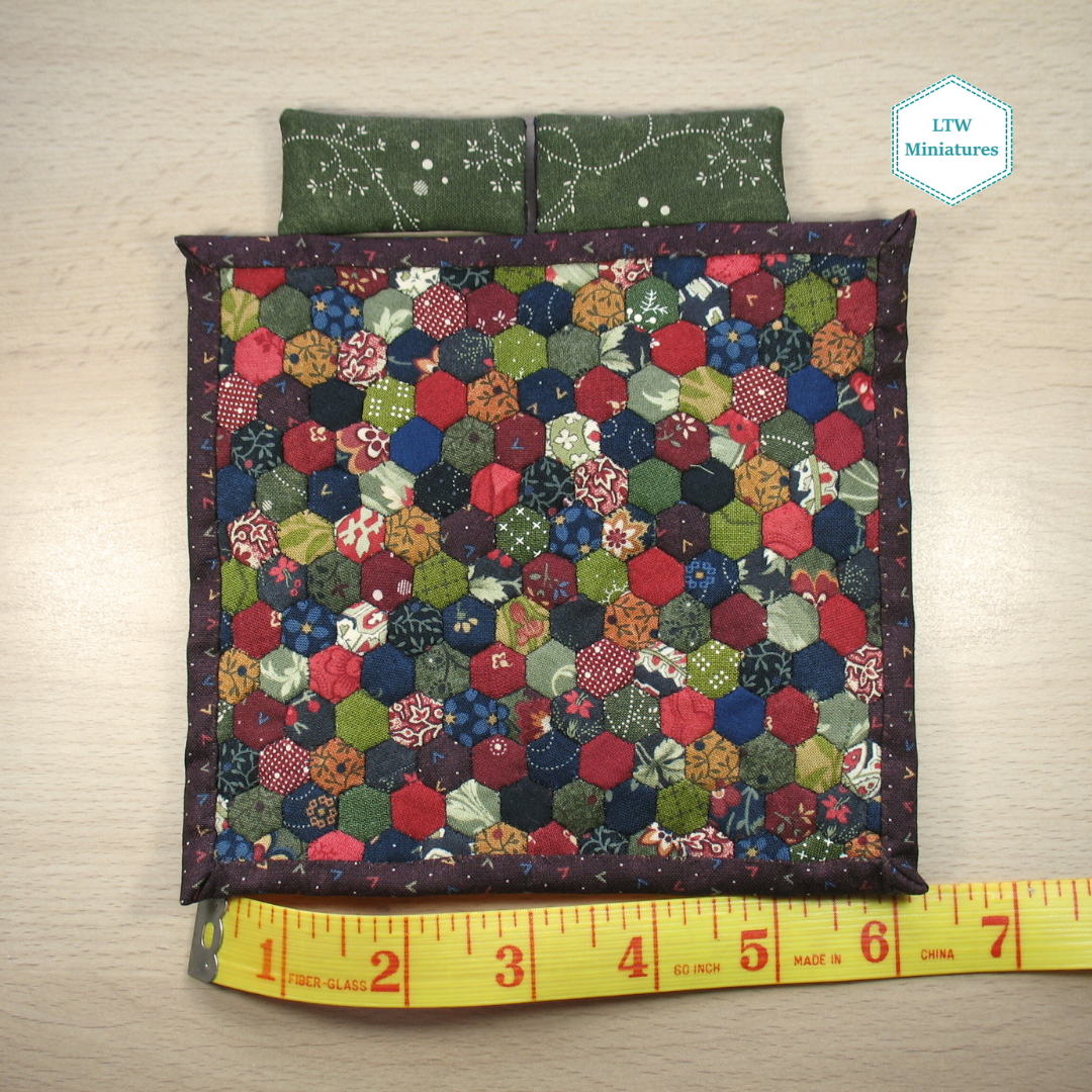 Dark Scrappy Hexies Single Quilt and Pillows for 1:12 Dollhouse