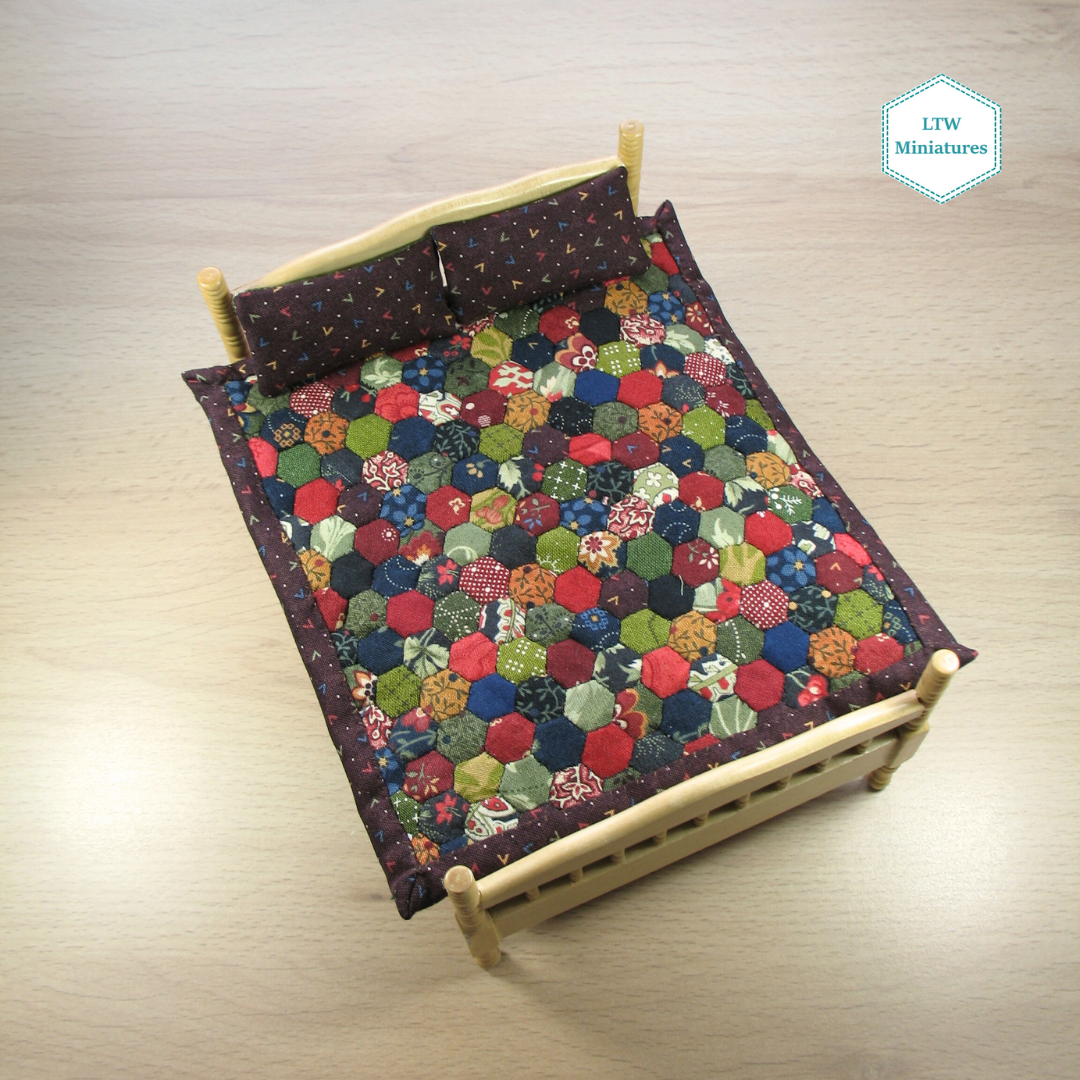 Dark Scrappy Hexies Single Quilt and Pillows for 1:12 Dollhouse