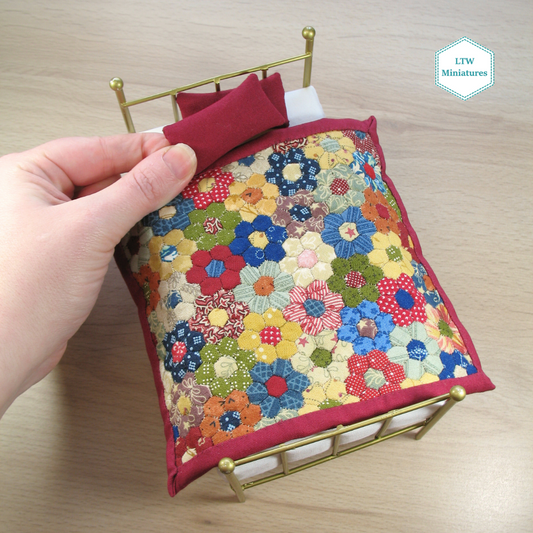 Flower Micro Hexies Single Quilt and Pillows for 1:12 Dollhouse