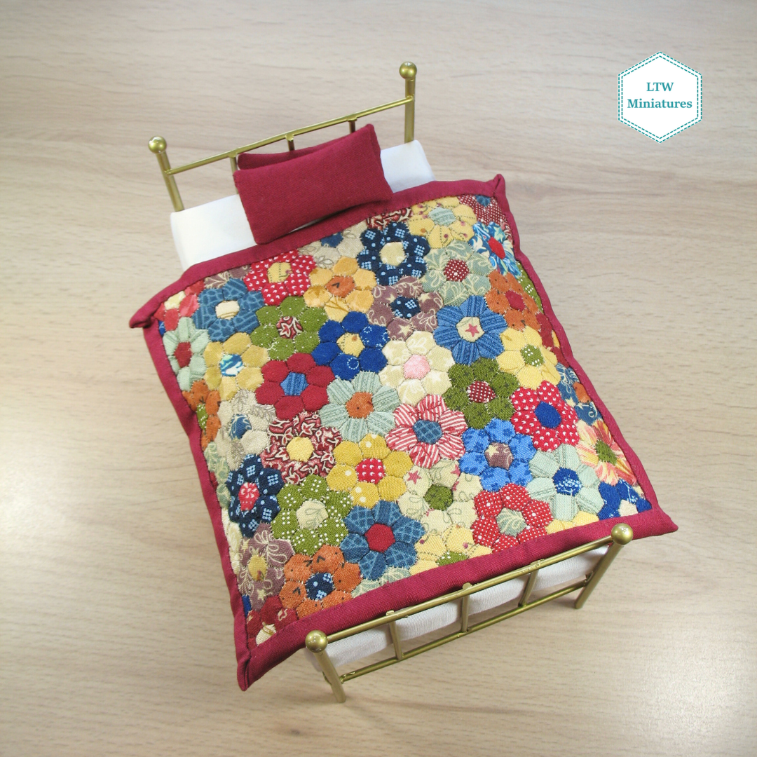 Flower Micro Hexies Single Quilt and Pillows for 1:12 Dollhouse