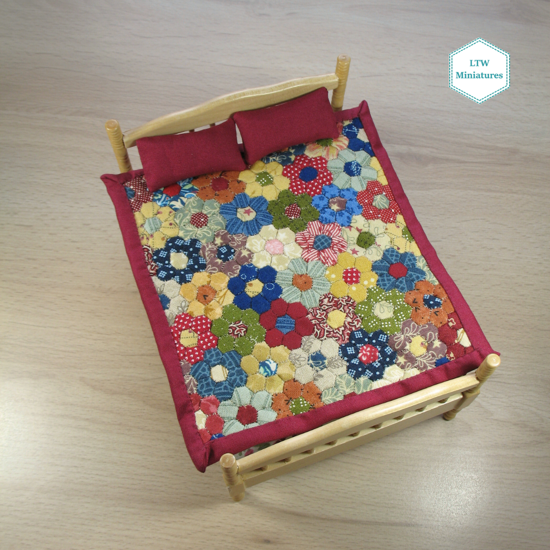 Flower Micro Hexies Single Quilt and Pillows for 1:12 Dollhouse