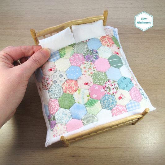 Pastel Hexies Double Quilt and Pillows for 1:12 Dollhouse