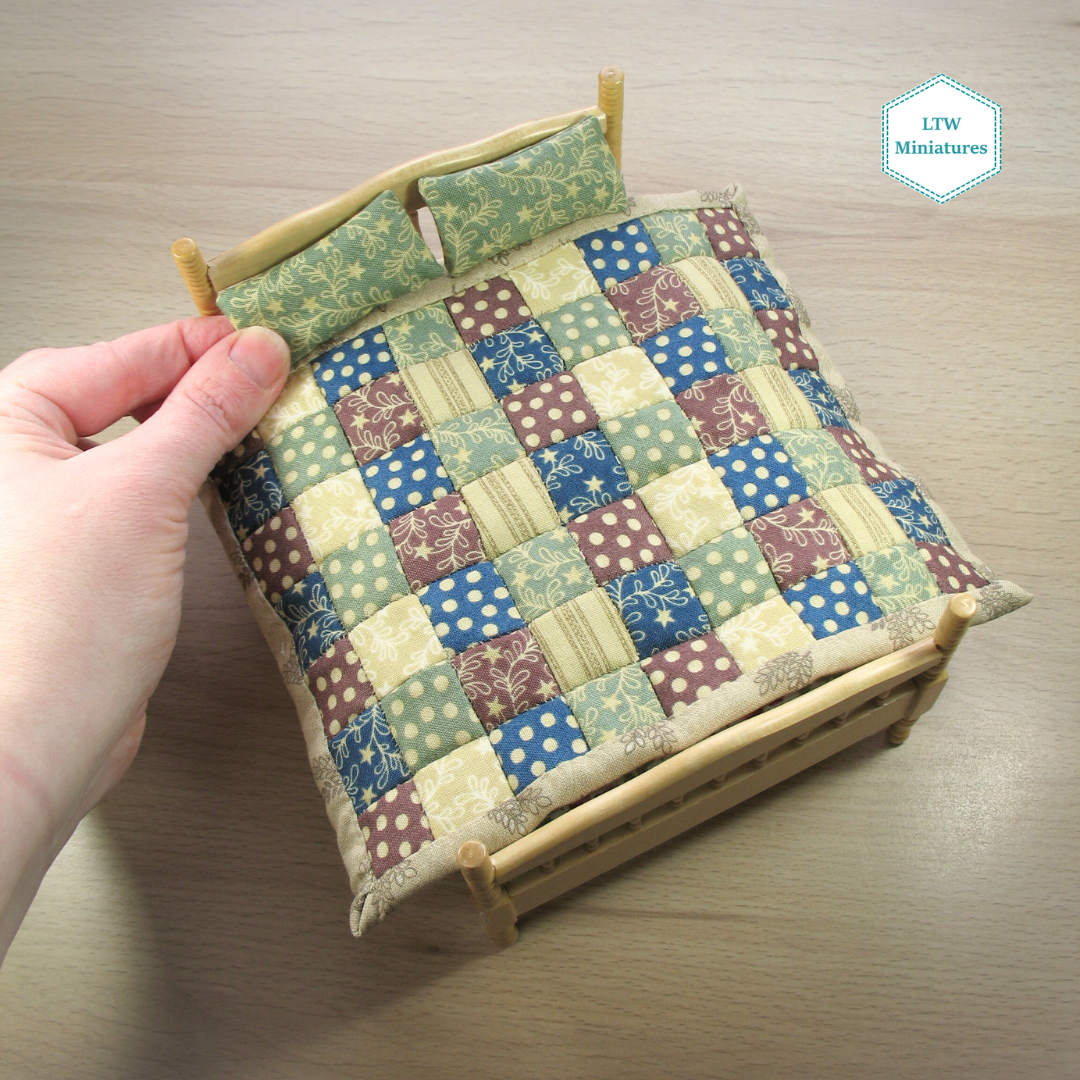 Cosy Beige, Blue, Green, Purple Double Quilt and Pillows for 1:12 Dollhouse