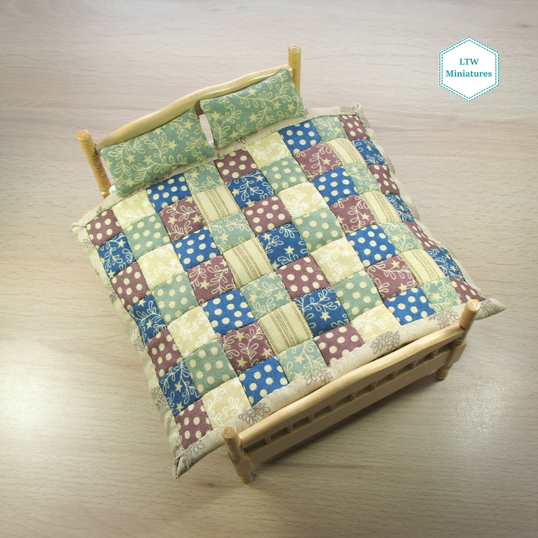 Cosy Beige, Blue, Green, Purple Double Quilt and Pillows for 1:12 Dollhouse