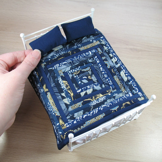 Navy Blue Log Cabin Double Quilt and Pillows for 1:12 Dollhouse