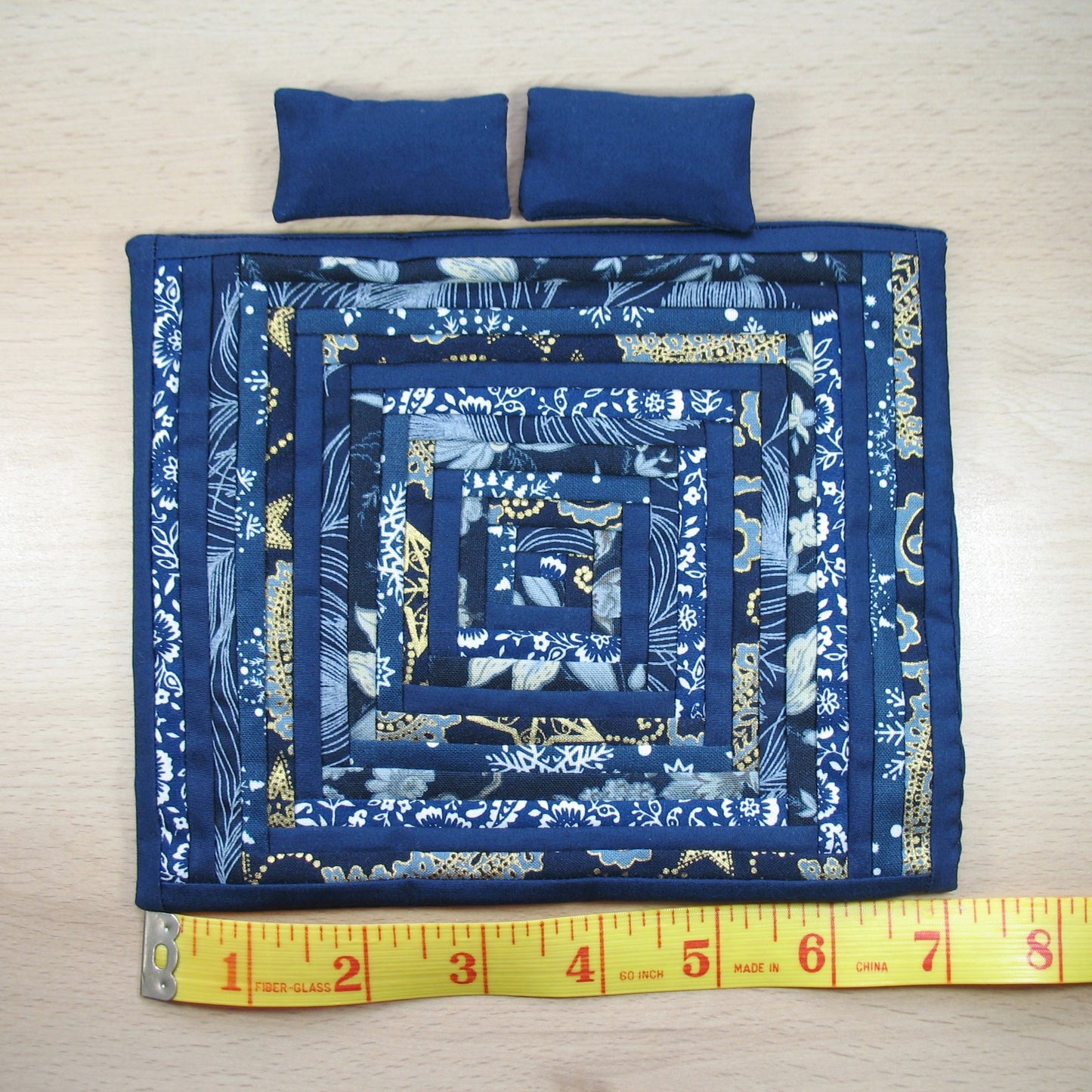 Navy Blue Log Cabin Double Quilt and Pillows for 1:12 Dollhouse