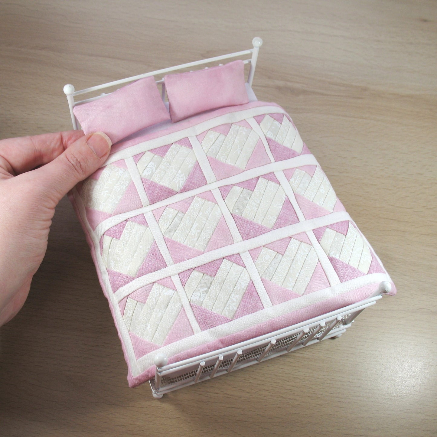 Pink Hearts Double Quilt and Pillows for 1:12 Dollhouse