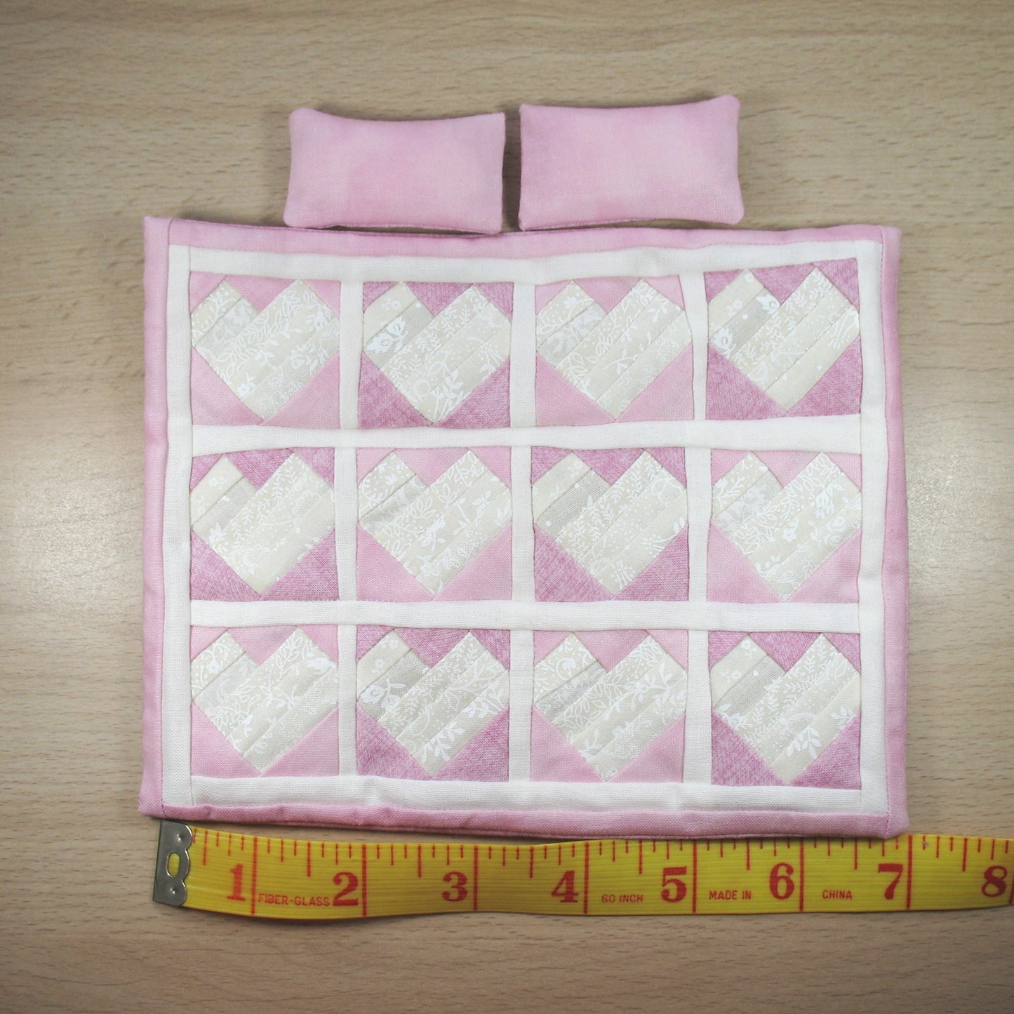 Pink Hearts Double Quilt and Pillows for 1:12 Dollhouse