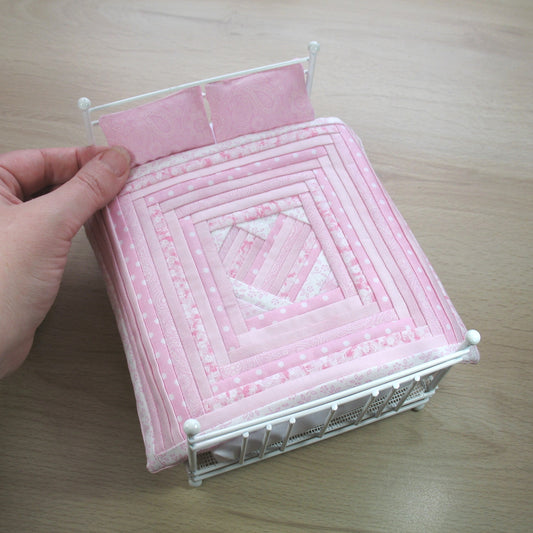 Pastel Pink Heart Double Quilt and Pillows for 1:12 Dollhouse